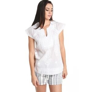 Roller Rabbit Faith White Embroidered Cotton Sleeveless Top Blouse Small Coastal